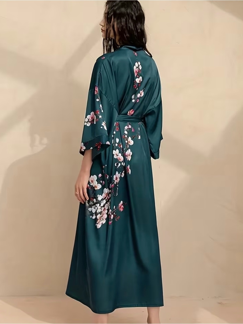 Teal Floral Satin Kimono Robe